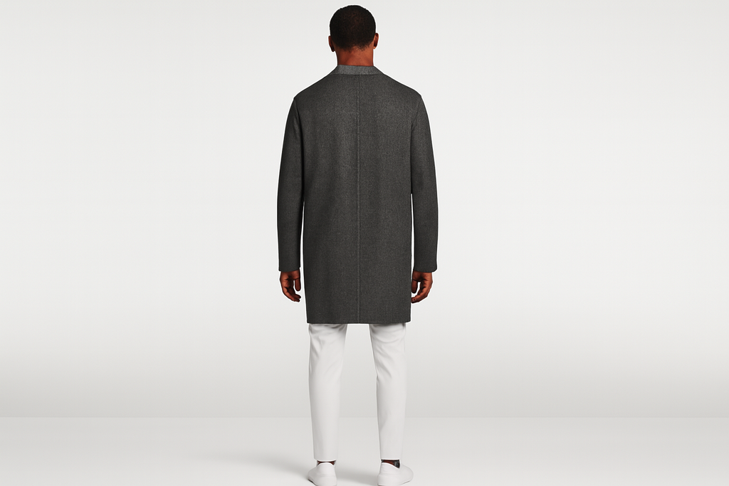 Model back view in white outfit with charcoal jacket